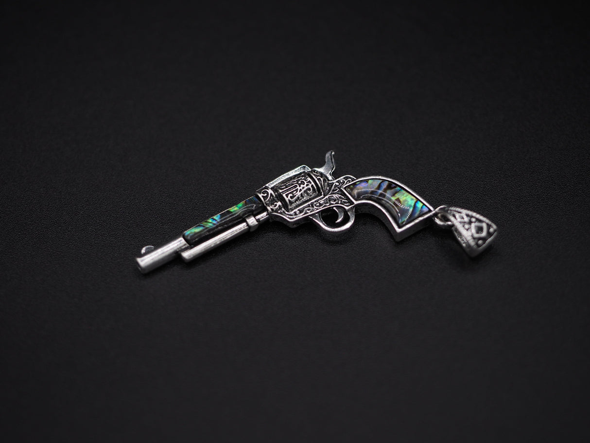 Colt Revolver Necklace Pendant Abalone Mother of Pearl Silver Plated