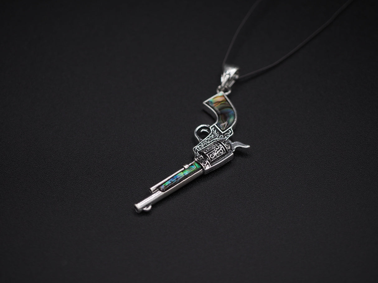 Colt Revolver Necklace Pendant Abalone Mother of Pearl Silver Plated